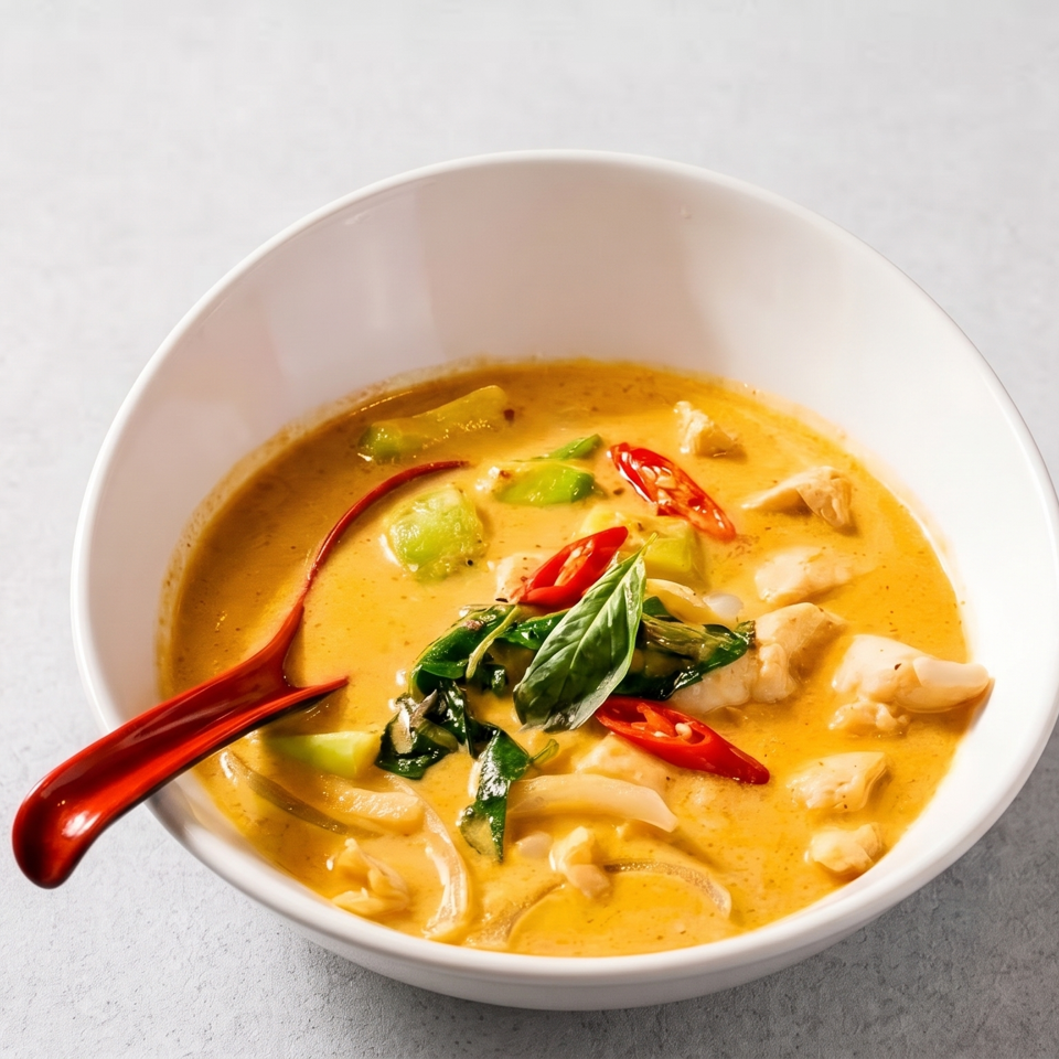 Yellow curry with chicken, green vegetables, red chilies, and basil in a white bowl with a red spoon.