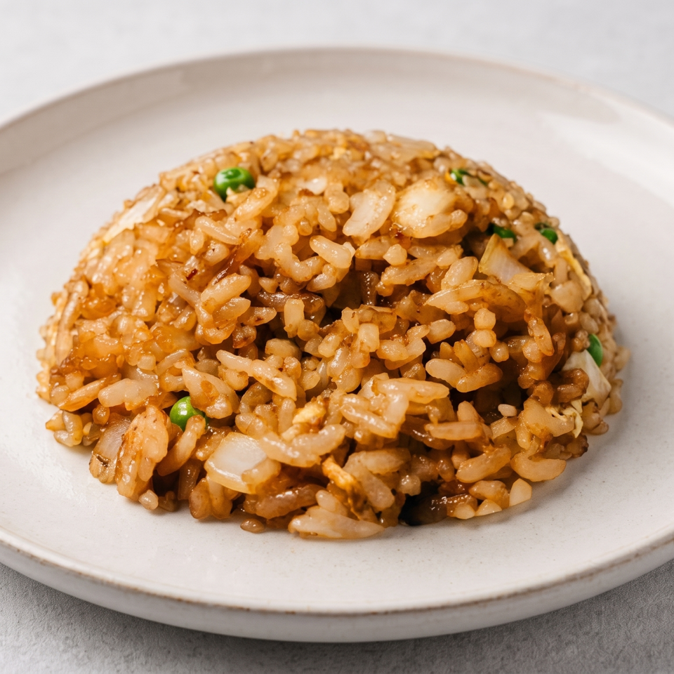 A mound of golden-brown fried rice with peas and onions on a white plate.