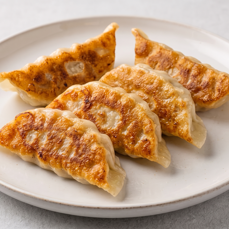 Five golden-brown pan-fried gyoza dumplings arranged on a white plate.