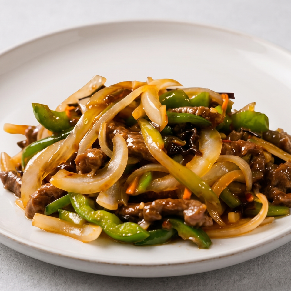 Beef stir-fry with sliced onions and green peppers in sauce on a white plate.