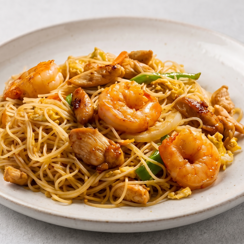 Stir-fried noodles with shrimp, chicken, onions, and green peppers on a white plate.