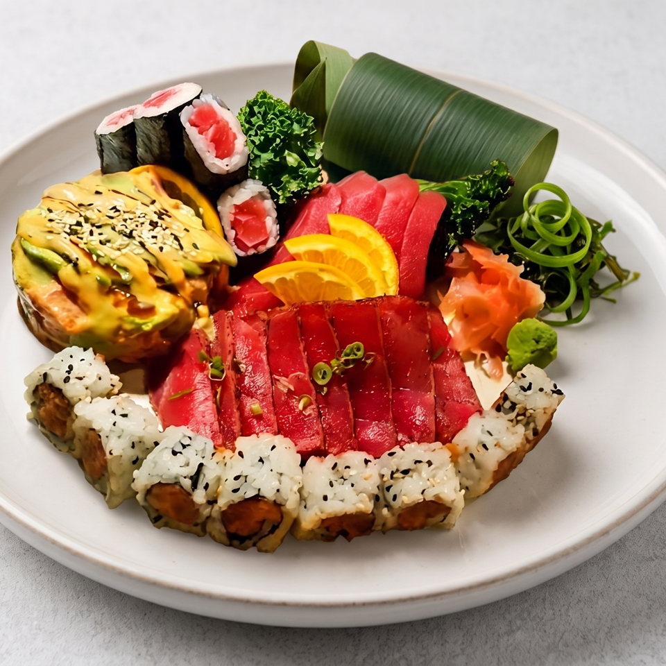 Platter of tuna sashimi, sushi rolls, a yellow tuna stack, and seaweed salad on a white plate.